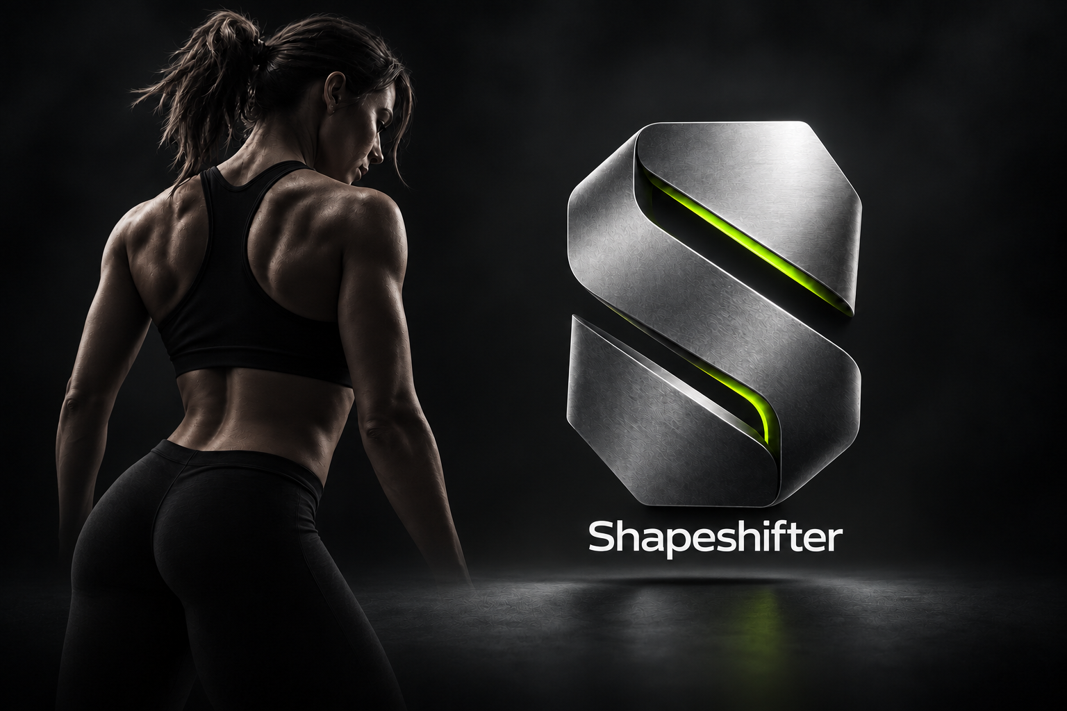Női sportoló a Shapeshifter fémes S-logója mellett, sötét háttéren.